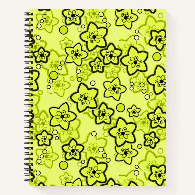 Yellow with black bright neon floral pattern notebook (Front)