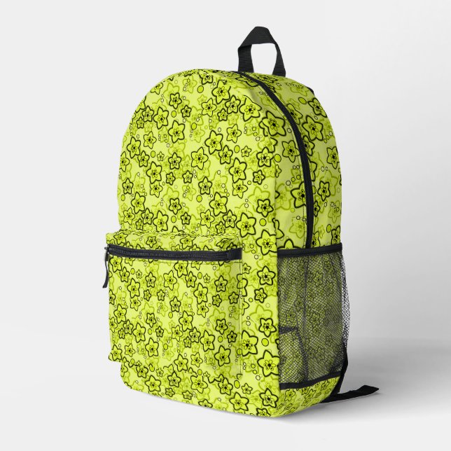 Yellow with black bright neon floral pattern printed backpack (Back Corner Right)