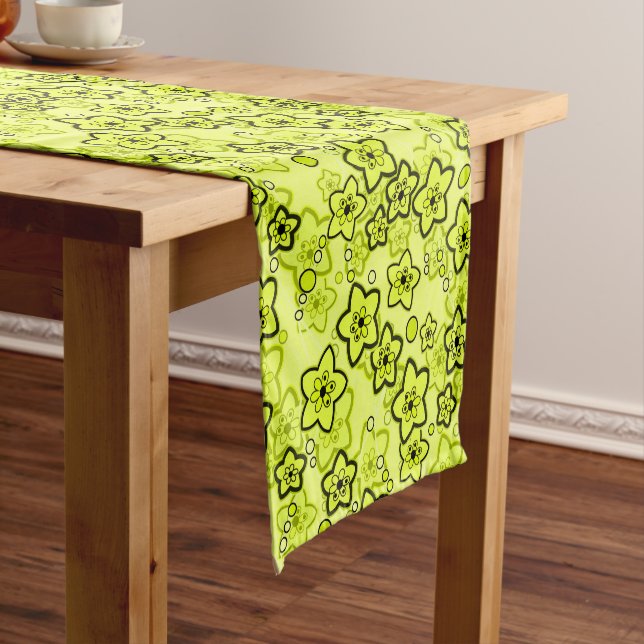 Yellow with black bright neon floral pattern short table runner (In Situ)