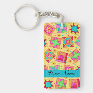 Yellow with Colourful Quilt Blocks & Personalised Key Ring