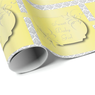 Yellow with Grey Damask Pattern Wrapping Paper