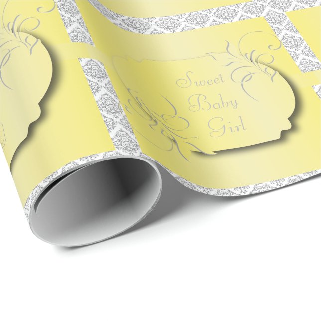Yellow with Grey Damask Pattern Wrapping Paper (Roll Corner)