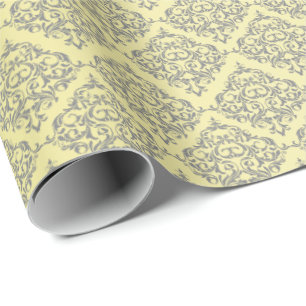 Yellow with Grey Damask Pattern Wrapping Paper