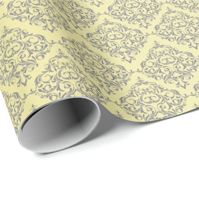 Yellow with Grey Damask Pattern Wrapping Paper (Roll Corner)