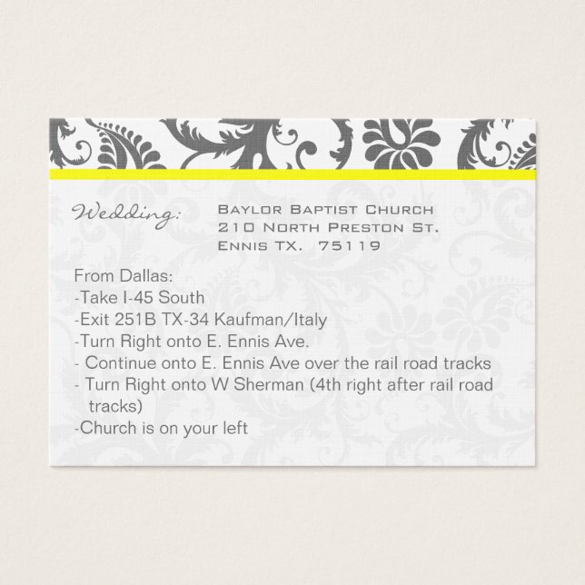 Yellow with Grey Damask Wedding Info Cards (Front)