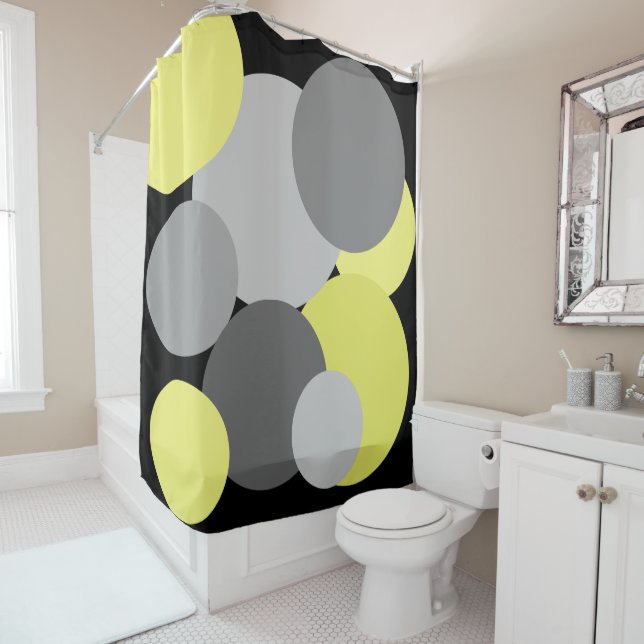 Yellow with Grey Polka Dots shower curtain (In Situ)