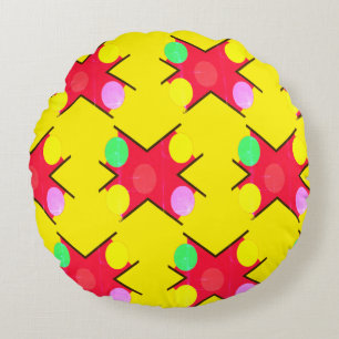 Yellow with large coloured patterns     round cushion