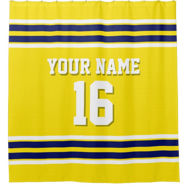 Yellow with Navy White Stripes Sports Jersey Shower Curtain (Front)