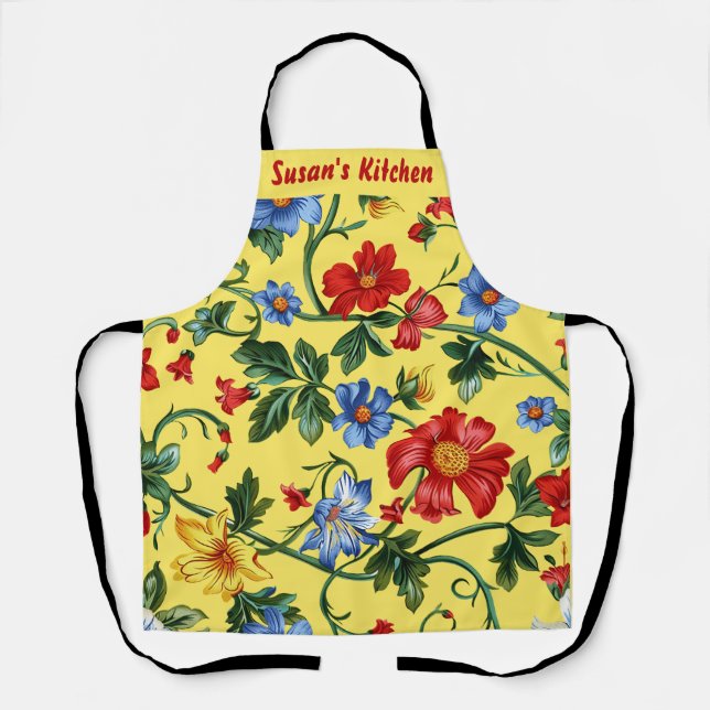 Yellow with red and blue floral apron (Front)