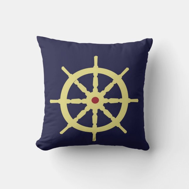 Yellow with Red Ship Helm in Navy Blue Background. Cushion (Front)