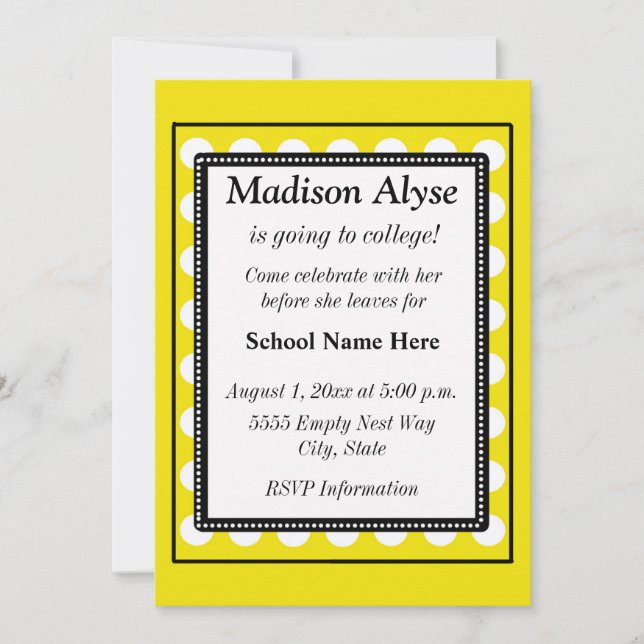 Yellow with White Dots Off To College Invite (Front)