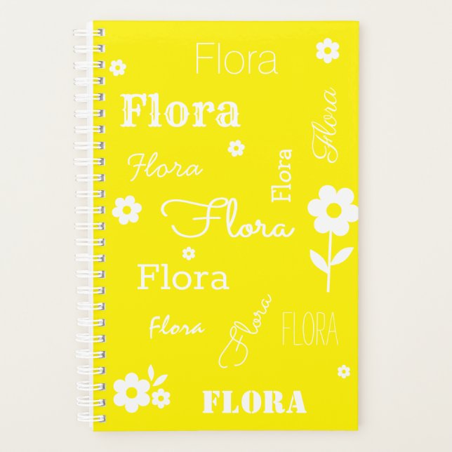 Yellow with White Flowers, Custom Name Planner (Front)