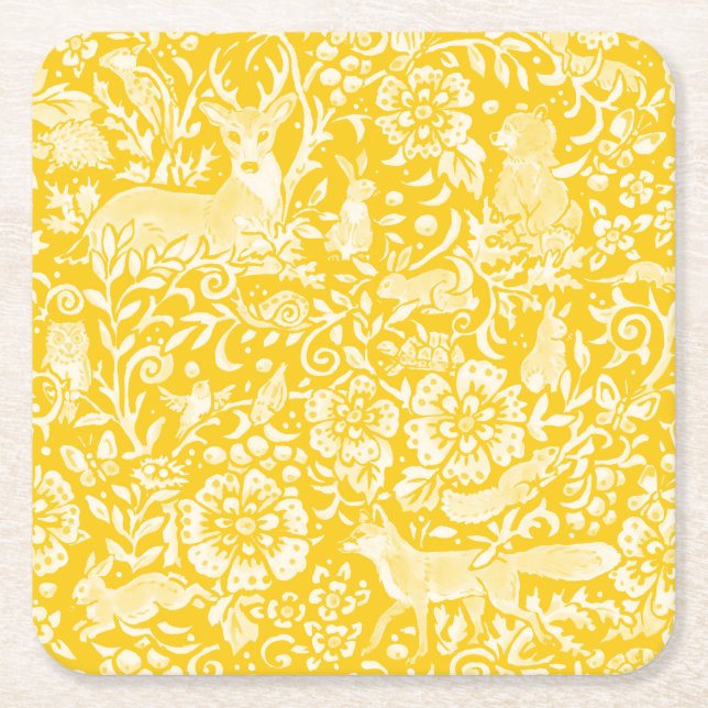 Yellow Woodland Animal Floral Nature Fox Rabbit  Square Paper Coaster (Front)