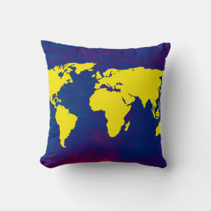 yellow world map on blue cushion