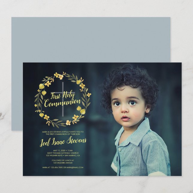 Yellow Wreath First Holy Communion Invitation (Front/Back)