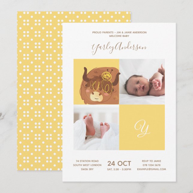 Yellow Yak • Alphabet Monogram Cute Baby Shower Invitation (Front/Back)