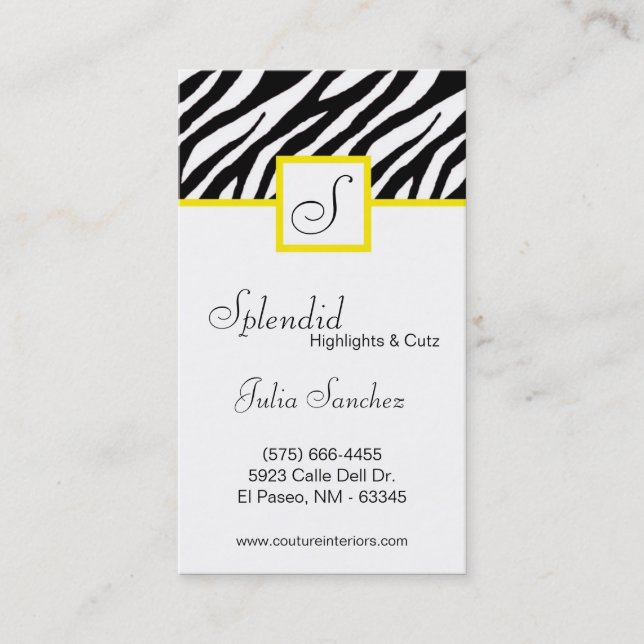 Yellow Zebra Print Personalise Business Card (Front)