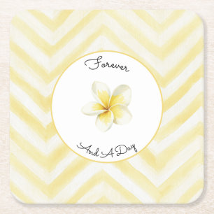 Yellow Zigzag Stripes Plumeria Flower Wedding Square Paper Coaster
