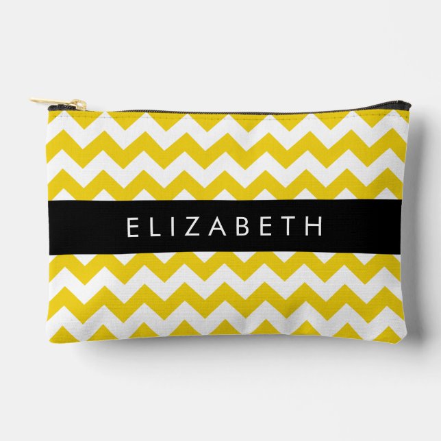 Yellow Zigzag, Yellow Chevron, Your Name Accessory Pouch (Front)