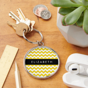 Yellow Zigzag, Yellow Chevron, Your Name Key Ring
