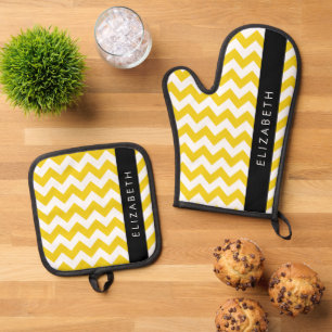 Yellow Zigzag, Yellow Chevron, Your Name Oven Mitt & Pot Holder Set