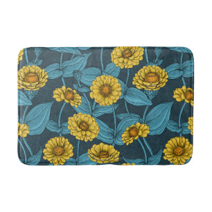 Yellow Zinnias on dark blue Bath Mat