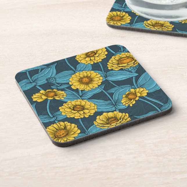 Yellow Zinnias on dark blue Coaster (Left Side)