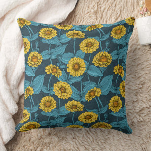 Yellow Zinnias on dark blue Cushion