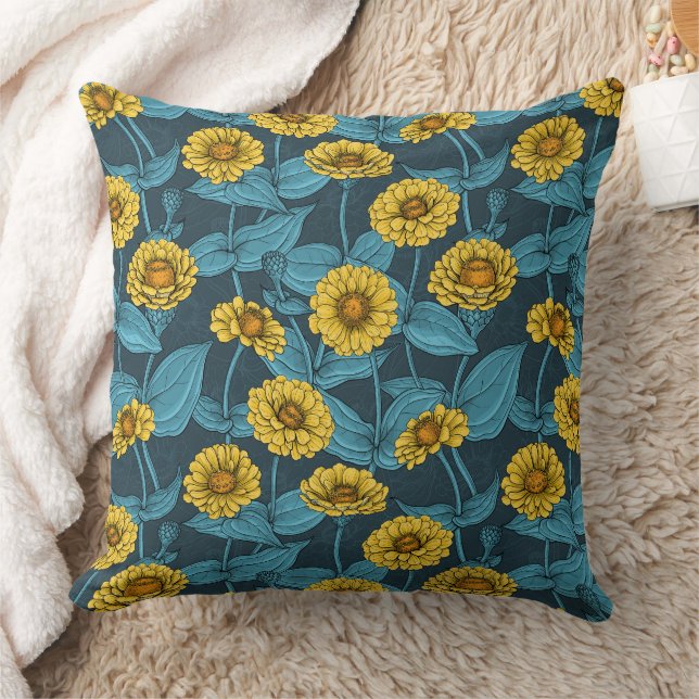 Yellow Zinnias on dark blue Cushion (Blanket)