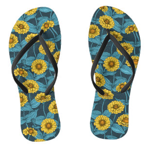 Yellow Zinnias on dark blue Flip Flops