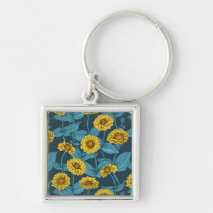 Yellow Zinnias on dark blue Key Ring