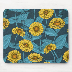 Yellow Zinnias on dark blue Mouse Mat