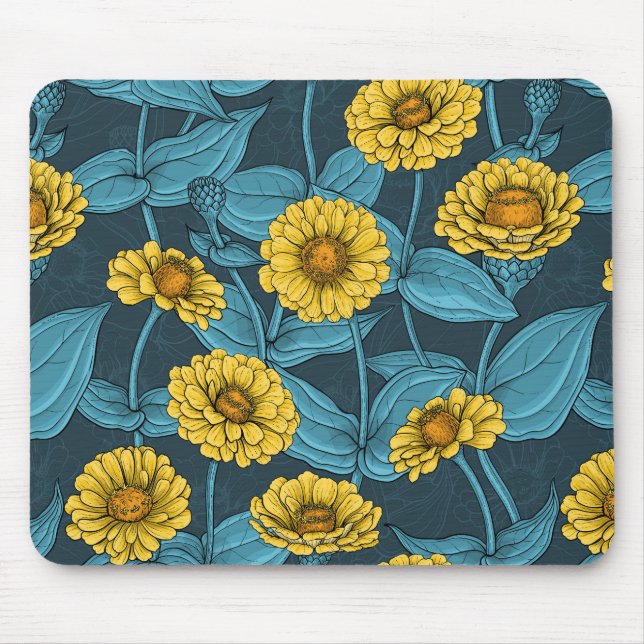 Yellow Zinnias on dark blue Mouse Mat (Front)