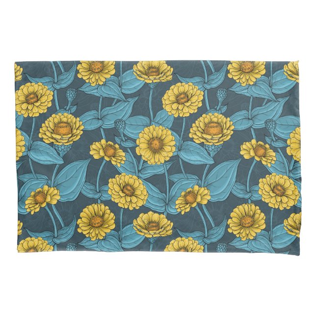 Yellow Zinnias on dark blue Pillowcase (Front-Left)