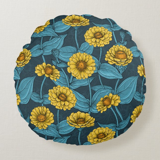 Yellow Zinnias on dark blue Round Cushion (Front)