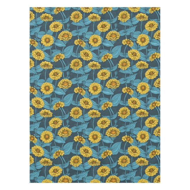 Yellow Zinnias on dark blue Tablecloth (Front)