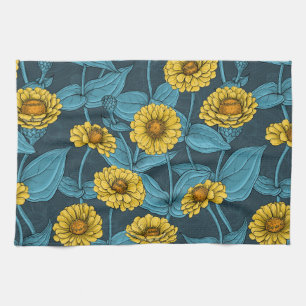 Yellow Zinnias on dark blue Tea Towel