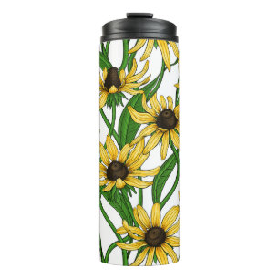 Yellow Zinnias on dark blue Thermal Tumbler