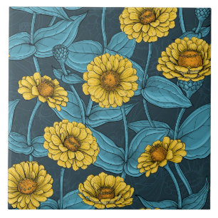 Yellow Zinnias on dark blue Tile