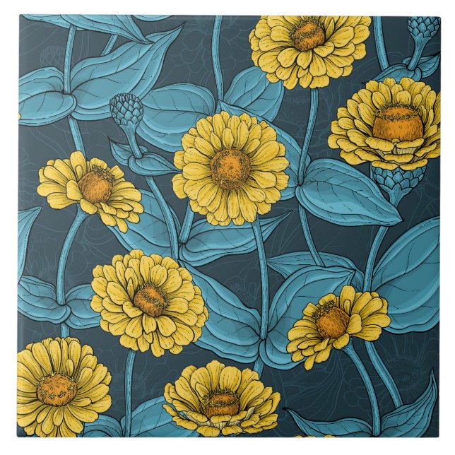 Yellow Zinnias on dark blue Tile (Front)