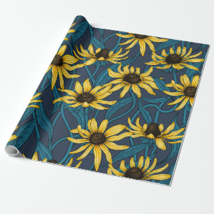 Yellow Zinnias on dark blue Wrapping Paper