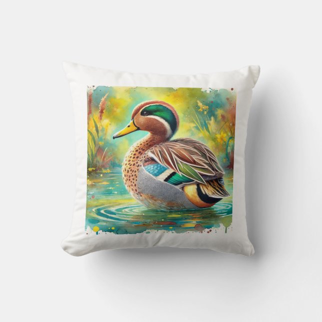 Yellowbilled teal 050824AREF143 - Watercolor Cushion (Front)