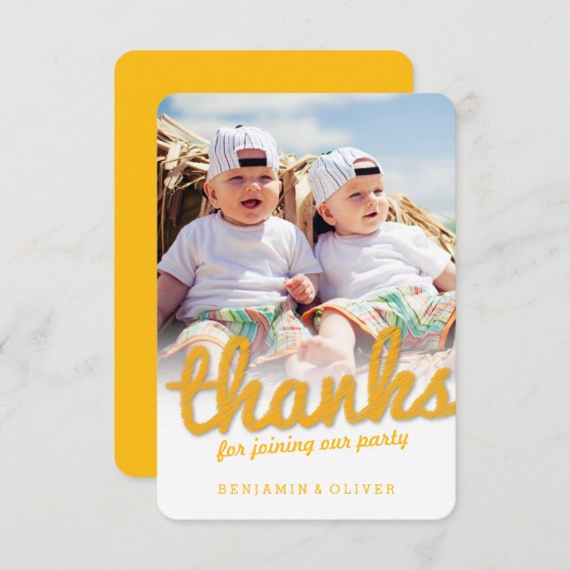 YellowBold Fun Sketch Thanks Twins Birthday Photo Thank You Card (Front/Back)
