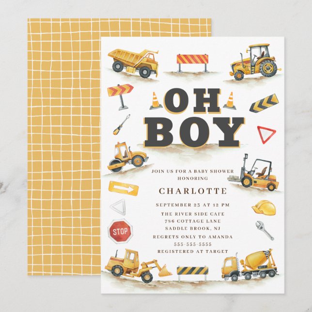 YellowConstruction Truck Baby Shower Invitation (Front/Back)