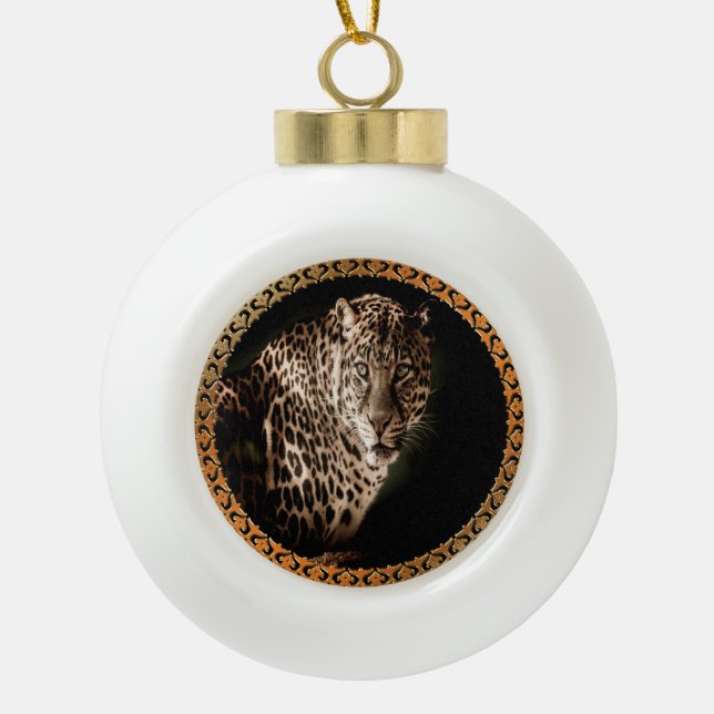 yellowish brown spotted leopard looking at you ceramic ball christmas ornament (Front)