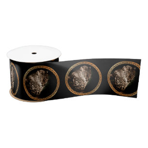 yellowish brown spotted leopard looking at you satin ribbon