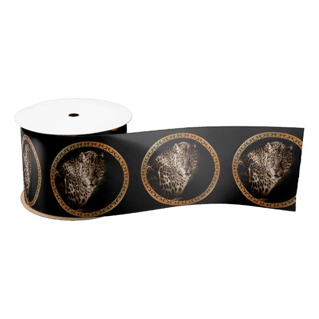 yellowish brown spotted leopard looking at you satin ribbon (Spool)