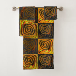 Yellowish squares and circles in rustic mosaic thr bath towel set