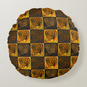 Yellowish squares and circles in rustic mosaic thr round cushion