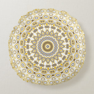 Yellows and White Mandala Kaleidoscope Medallion Round Cushion